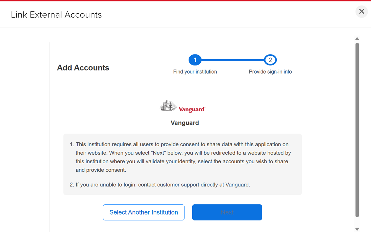 The non IBKR client portfolioanalyst add external account screen. 
